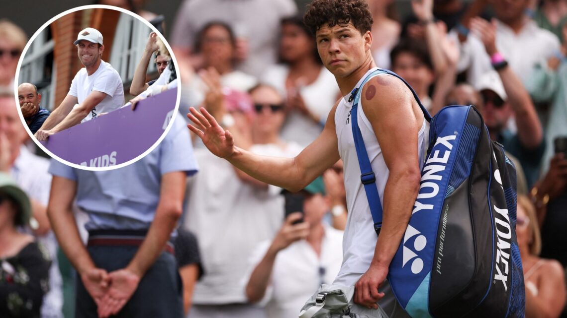 Ben Shelton reacts as he leaves Court 1 following his defeat against Italy's Jannik Sinner during their men's singles quarter-final tennis match on...