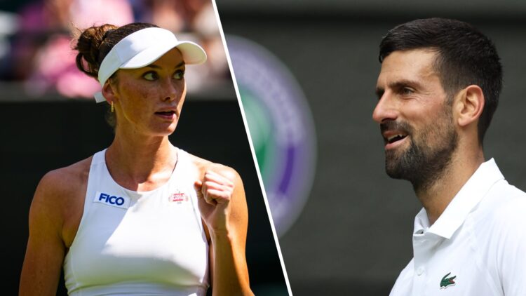 Split image of Carson Branstine celebrating a point against Aryna Sabalenka at Wimbledon in 2025, image of Novak Djokovic reacting during Wimbledon...