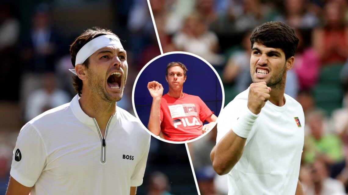 Split image of Taylor Fritz of United States celebrates winning match point against Karen Khachanov during the Gentlemen's Singles quarter-final ma...