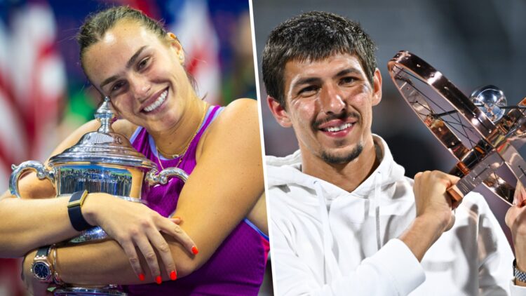 Aryna Sabalenka poses with the champions trophy after defeating Jessica Pegula of the United States in the singles final on Day 13 of the US Open. ...