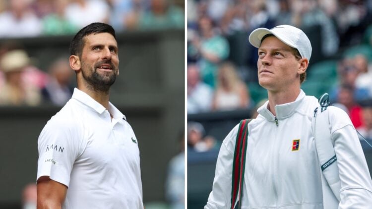 Novak Djokovic (L) looks to the crowd at Wimbledon in 2025, Jannik Sinner (R) walks onto the court at Wimbledon in 2025.