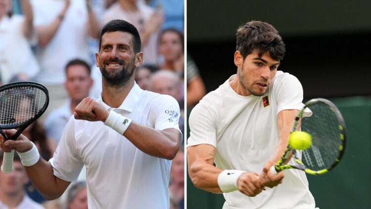 Novak Djokovic of Serbia celebrates winning match point Flavio Cobolli of Italy during the Gentlemen's Singles quarter-final match on day ten of Th...