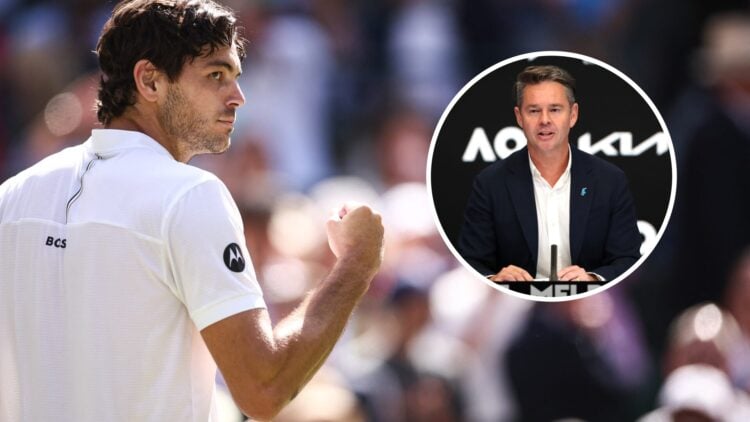 Image of Taylor Fritz celebrating his win over Karen Khachanov at Wimbledon in 2025, inset of Todd Woodbridge speaking during the 2023 Australian O...