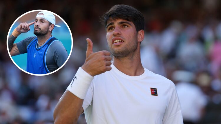 Nick Kyrgios (left) puts his hand to his head in a circle overlay and Carlos Alcaraz (right)