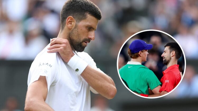 Novak Djokovic (L) at Wimbledon in 2025, Novak Djokovic and Jannik Sinner (R) at the net after their match at Roland Garros.