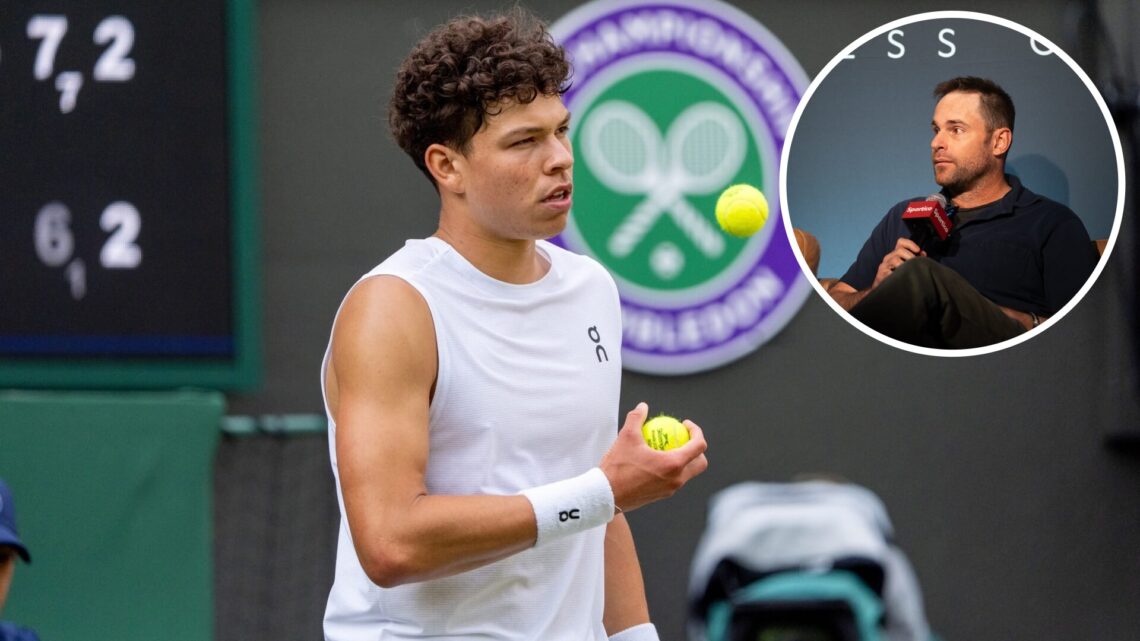 Ben Shelton of United States of America during Day Eight of The Championships Wimbledon 2025 at All England Lawn Tennis and Croquet Club, with an i...