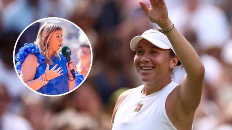 Image of Amanda Anisimova waving to the crowd after beating Aryna Sabalenka in the Wimbledon semifinals, inset of Marion Bartoli conducting an inte...