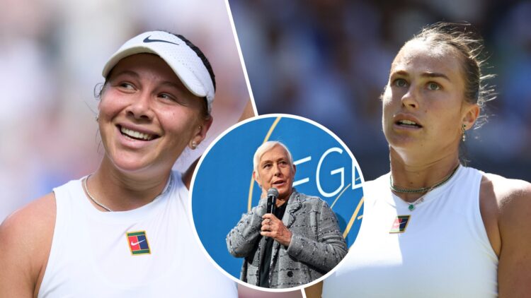 Split image of Amanda Anisimova of the United States celebrates winning against Aryna Sabalenka during the Ladies' semi final match on Centre Court...