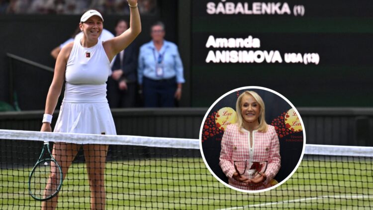 Amanda Anisimova (left) waves and Tracy Austin (right) in a circle overlay