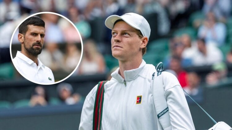 Image of Jannik Sinner arriving on court before his match with Pedro Martinez at Wimbledon in 2025, inset of Novak Djokovic looking on during his w...