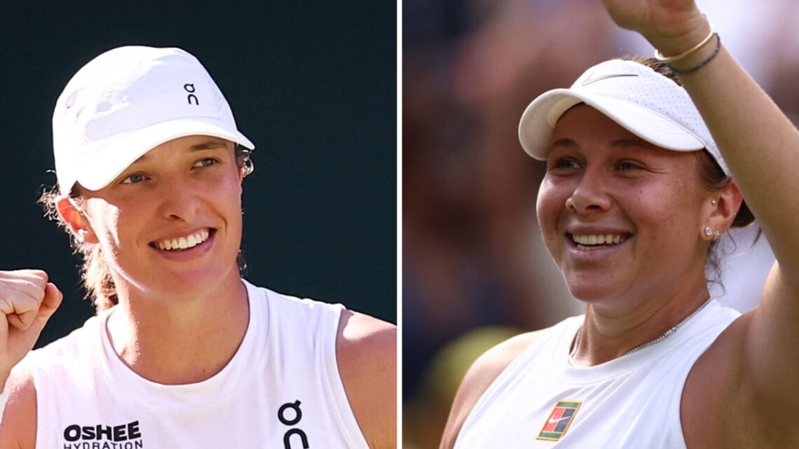 Iga Swiatek (L) celebrates at Wimbledon, Amanda Anisimova (R) celebrates reaching the final at Wimbledon.