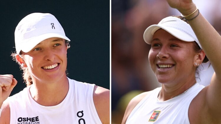 Iga Swiatek (L) celebrates at Wimbledon, Amanda Anisimova (R) celebrates reaching the final at Wimbledon.