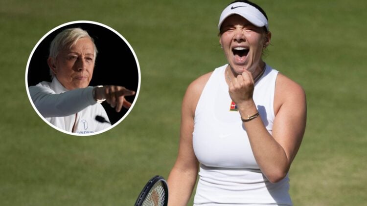 Image of Amanda Anisimova celebrating during her win over Aryna Sabalenka at Wimbledon, inset of Martina Navratilova pointing during a press confer...
