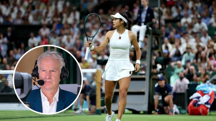 John McEnroe (left) in a circle overlay with a headset on and Emma Raducanu (middle) lifts her racket in celebration