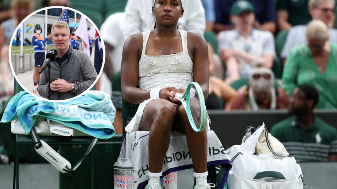 Coco Gauff of United States looks dejected during the change over against Dayana Yastremska of Ukraine during the Ladies' Singles first round match...