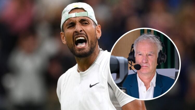 Nick Kyrgios (L) reacts at Wimbledon, John McEnroe (R) commentating at Wimbledon.