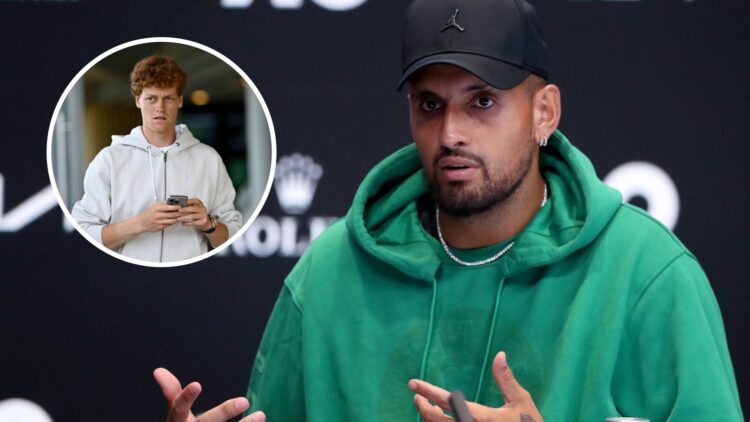 Image of Nick Kyrgios speaking to the media ahead of the 2023 Australian Open, inset of Jannik Sinner using his phone during media day at the 2025 ...