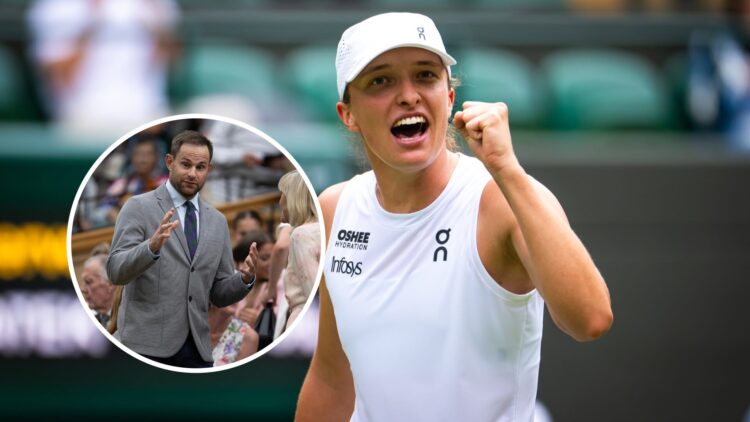 Andy Roddick (L) in the royal box at Wimbledon in 2025, Iga Swiatek (R) celebrates against Belinda Bencic at Wimbledon.