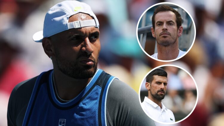 Nick Kyrgios (L) at the Miami Open in 2025, Andy Murray looks on at the Miami Open (TR), Novak Djokovic (BR) reacts at Wimbledon.
