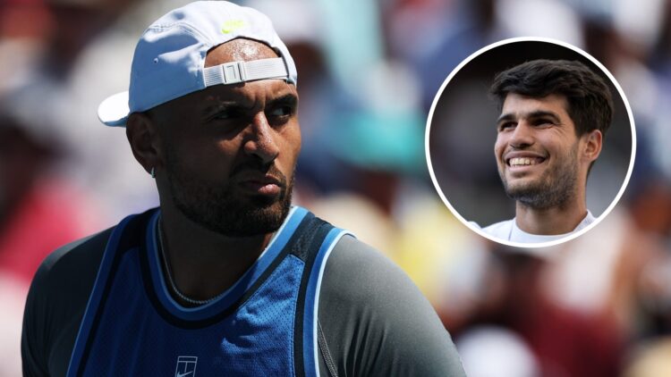 Image of Nick Kyrgios looking on when playing Karen Khachanov at the 2025 Miami Open, inset of Carlos Alcaraz smiling after his quarterfinal win ov...