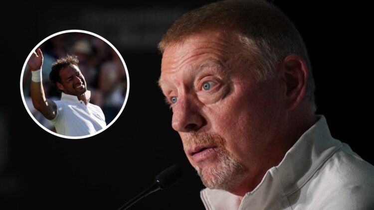 Image of Boris Becker speaking during the 2024 Laureus Sports Awards, inset of Fabio Fognini waving goodbye to the crowd after his first-round matc...