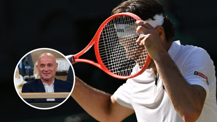 Andre Agassi (left) in a circle overlay and Taylor Fritz (right) hides his head behind his racket