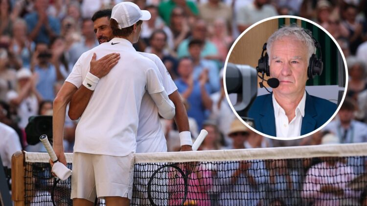 Image of Novak Djokovic and Jannik Sinner embracing at the net after their 2025 Wimbledon semifinal, inset of John McEnroe looking on during day se...