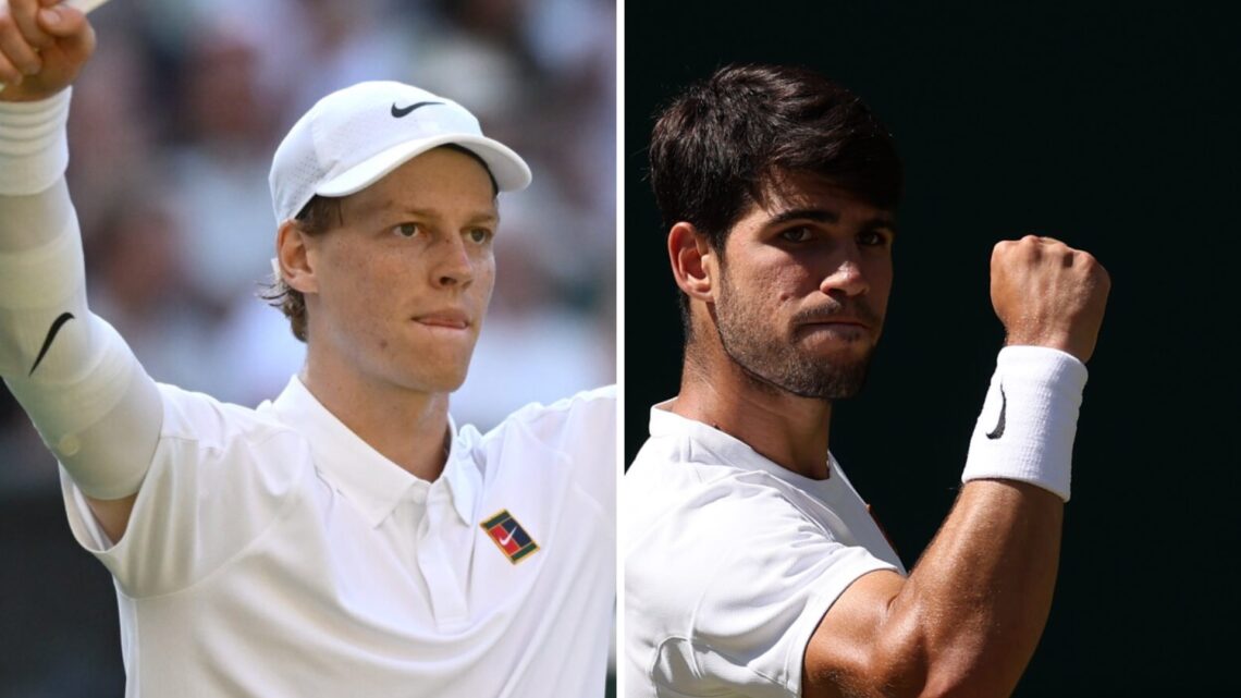 Jannik Sinner (L) celebrates at Wimbledon, Carlos Alcaraz (R) pumps his fist at Wimbledon.