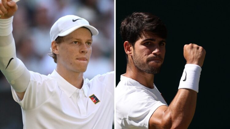 Jannik Sinner (L) celebrates at Wimbledon, Carlos Alcaraz (R) pumps his fist at Wimbledon.