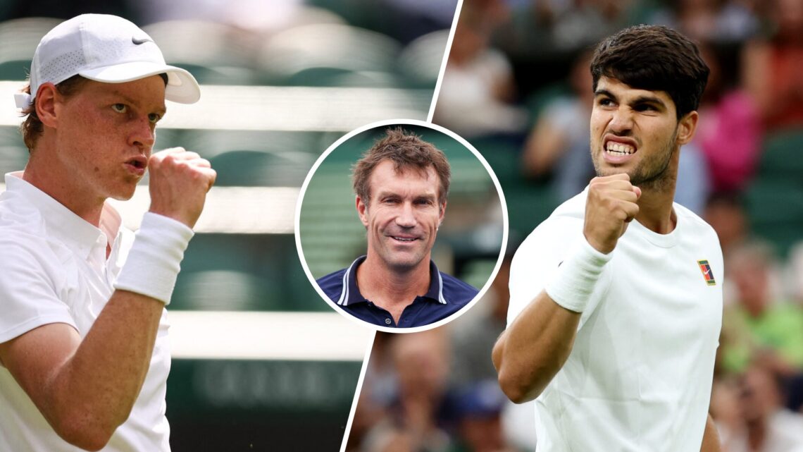 Split image of Jannik Sinner celebrating his first-round win at Wimbledon in 2025, image of Carlos Alcaraz celebrating his fourth-round win at Wimb...
