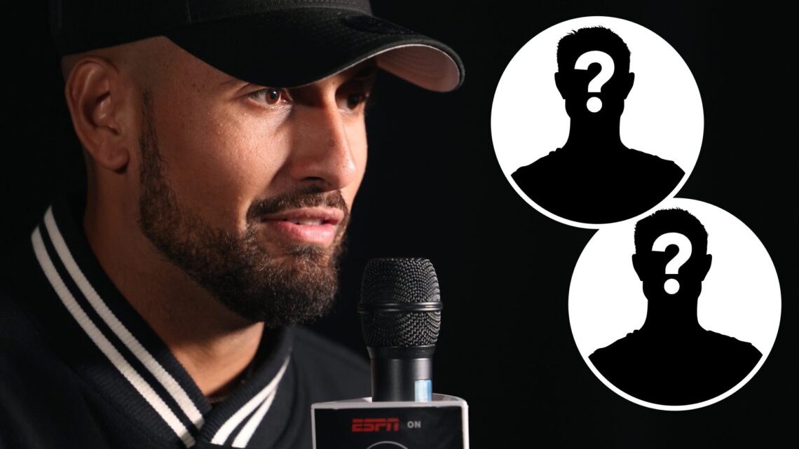 Nick Kyrgios is interviewed during the ESPN on Disney+ Launch Party at The Venue Alexandria with two mystery person insets.