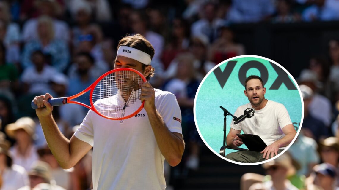 Taylor Fritz (L) looking frustrated at Wimbledon, Andy Roddick (R) speaks at the Served live podcast at the Vox Media Podcast Stage presented by Sm...