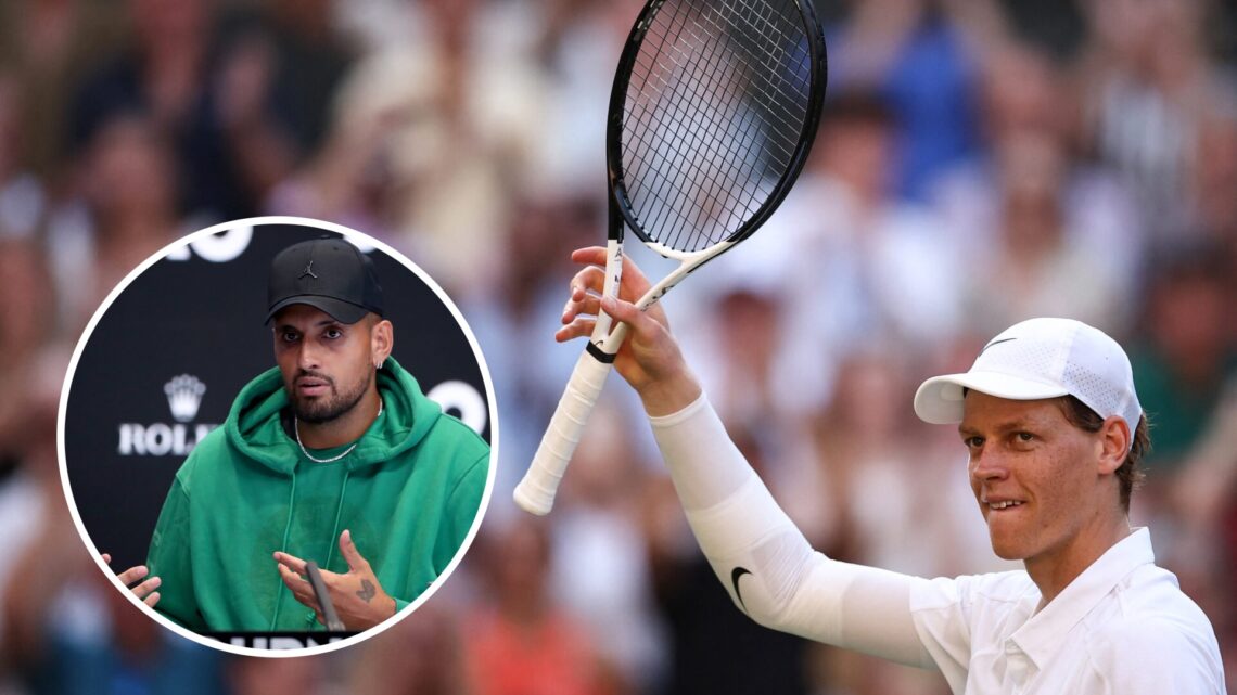 Nick Kyrgios (L) speaks to the media ahead of the 2023 Australian Open, Jannik Sinner (R) celebrates his win over Novak Djokovic at Wimbledon.