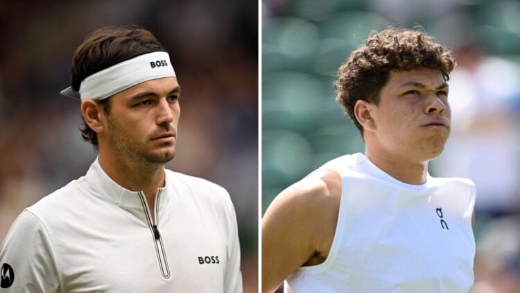 Taylor Fritz (L) reacts at Wimbledon in 2025, Ben Shetlon (R) looks on at the Wimbledon championships.