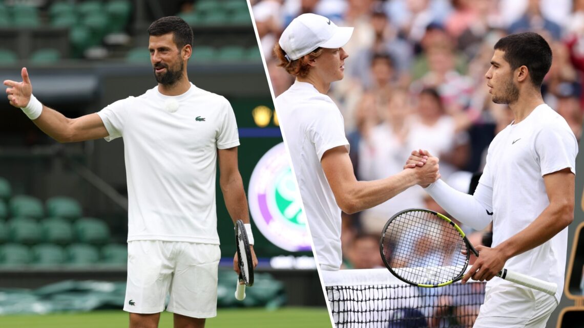 Split image of Novak Djokovic practising ahead of Wimbledon 2025 (L) and Jannik Sinner and Carlos Alcaraz shaking hands at Wimbledon 2022 (R)