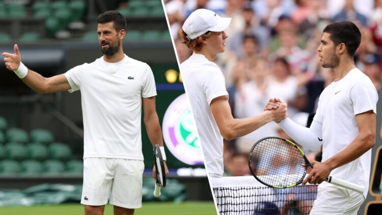 Split image of Novak Djokovic practising ahead of Wimbledon 2025 (L) and Jannik Sinner and Carlos Alcaraz shaking hands at Wimbledon 2022 (R)