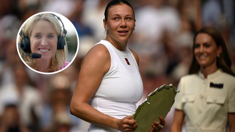 Tracy Austin (L) at Wimbledon for Radio 5 Live, Amanda Anisimova (R) holding the Wimbledon runner-up trophy.