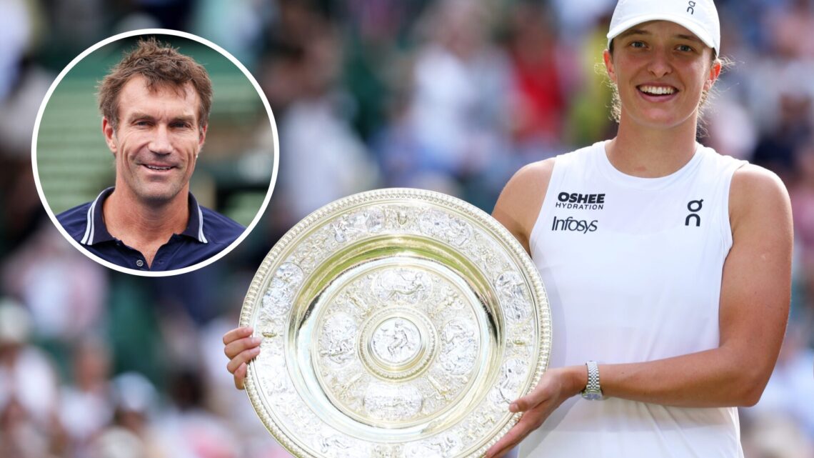Image of Iga Swiatek posing with the Wimbledon trophy after beating Amanda Anisimova in the 2025 final, inset of Pat Cash speaking to the media ahe...