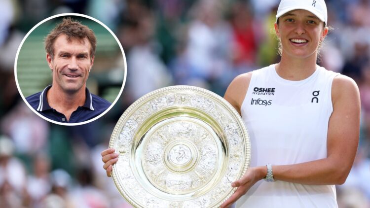 Image of Iga Swiatek posing with the Wimbledon trophy after beating Amanda Anisimova in the 2025 final, inset of Pat Cash speaking to the media ahe...