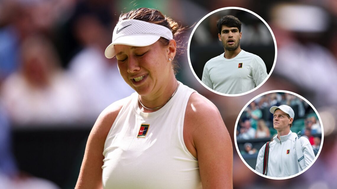 Amanda Anisimova (L) reacts during Wimbledon final, Carlos Alcaraz (TR) reacts at Wimbledon in 2025, Jannik Sinner (BR) looks on at Wimbledon.