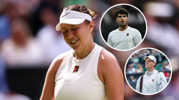 Amanda Anisimova (L) reacts during Wimbledon final, Carlos Alcaraz (TR) reacts at Wimbledon in 2025, Jannik Sinner (BR) looks on at Wimbledon.