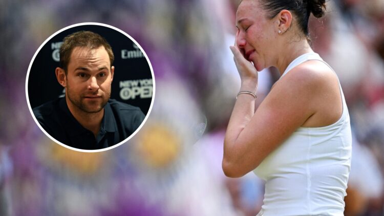 Image of Amanda Anisimova wiping away tears after her Wimbledon final defeat to Iga Swiatek, inset of Andy Roddick attending a press conference ahe...