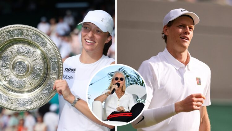 Split image of Iga Swiatek with the winner's trophy after winning her Ladies' Singles Final match against Amanda Anisimova during day thirteen of T...