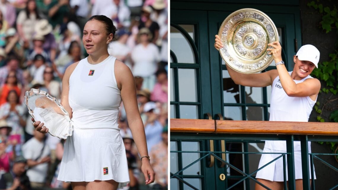 Left: Amanda Anisimova after losing Wimbledon final and Right: Iga Swiatek with the trophy