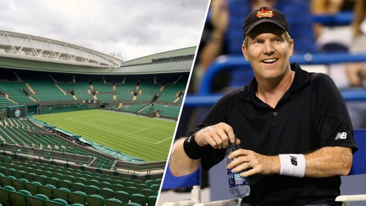 Split image of a general view of Wimbledon Centre Court in 2025 (L) and Jim Courier looks on during the 2015 Connecticut Open (R)