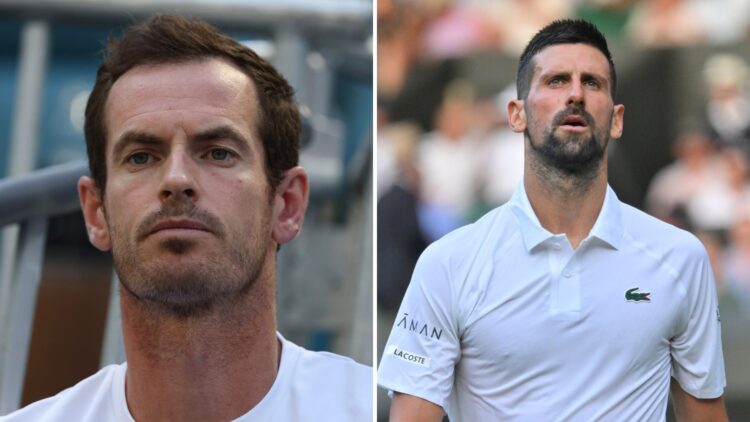 Split image of Andy Murray looking on during the 2025 Miami Open (L) and Novak Djokovic looking on during Wimbledon 2025 (R)