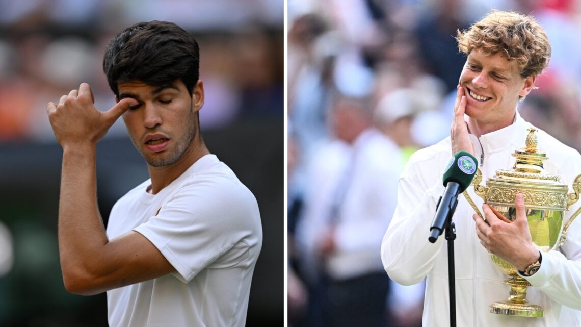 Split image of Carlos Alcaraz of Spain reacts against Jannik Sinner of Italy during the Gentlemen's Singles final match on day fourteen of The Cham...