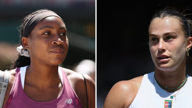 Split image of Coco Gauff of United States looks on prior to The Championships Wimbledon 2025 at All England Lawn Tennis and Croquet Club and Aryna...