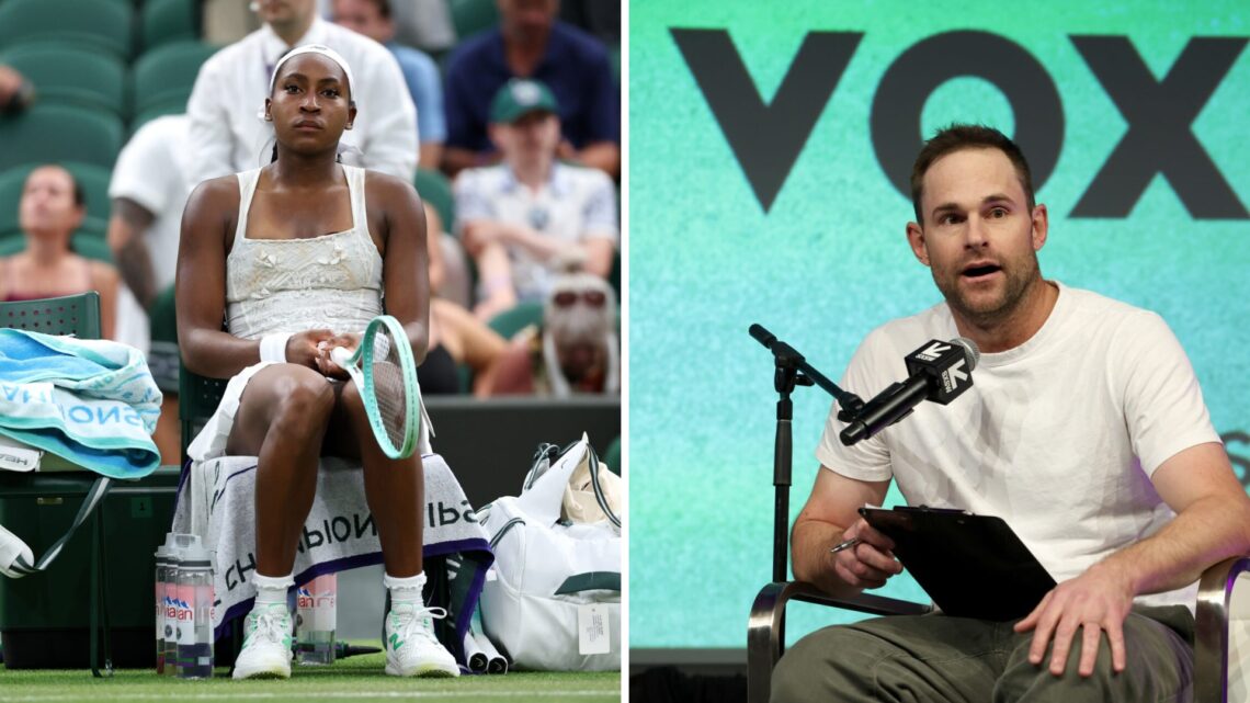 Left: Coco Gauff looks beaten at Wimbledon and Right: Andy Roddick delivers speech.