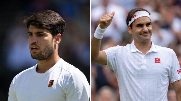Split image of Carlos Alcaraz of Spain looks on against Taylor Fritz of United States during the Gentlemen's semi-final match on day twelve of The ...